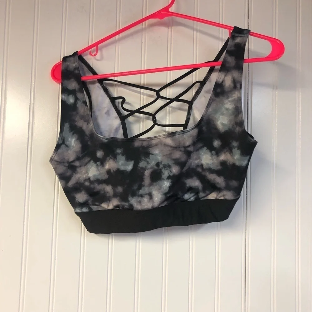 Victoria Secret Womens Sports Bra Large Black Gray Tie Dye Crisscross Back